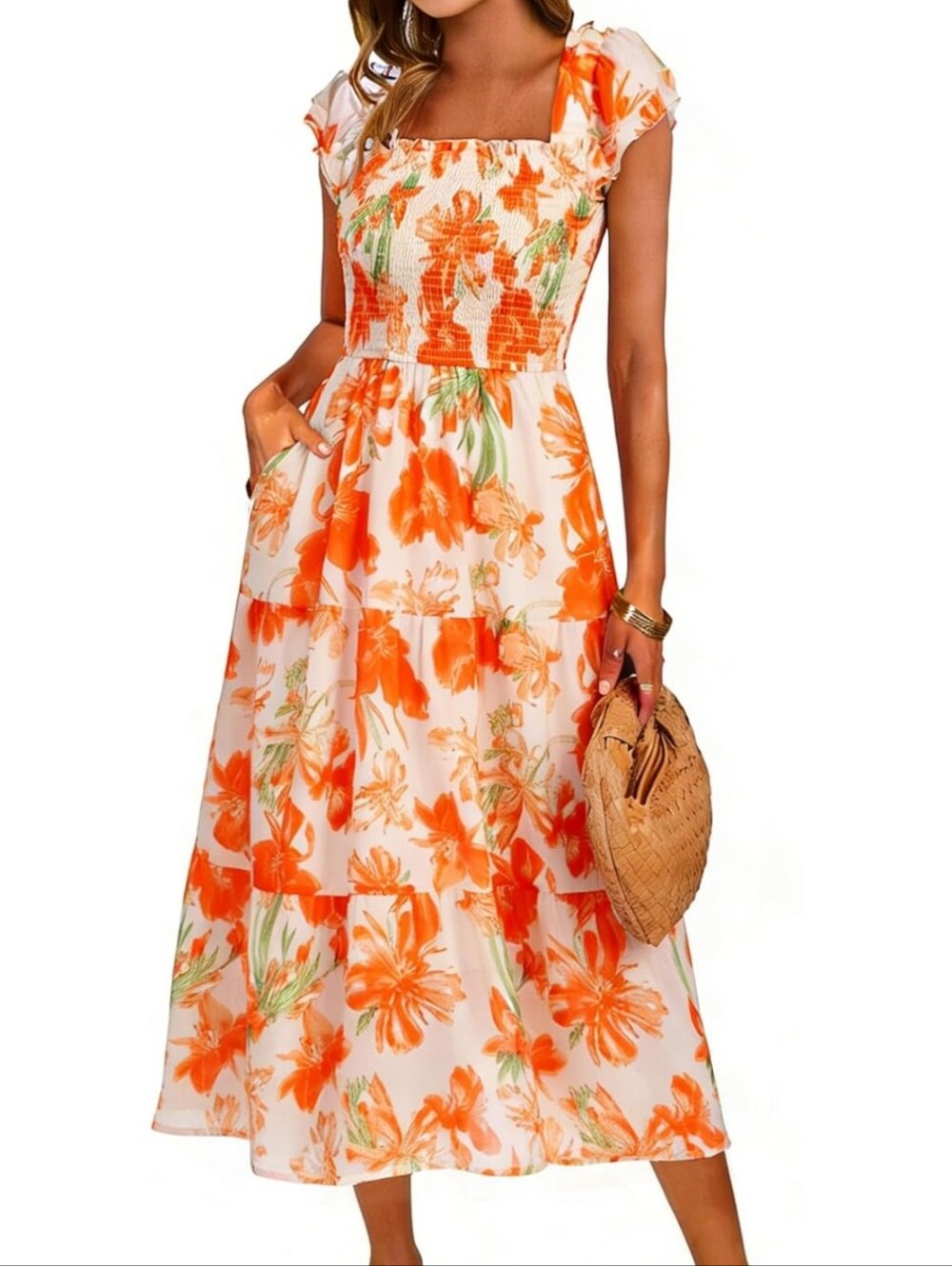 Women’s Orange Floral Midi Dress